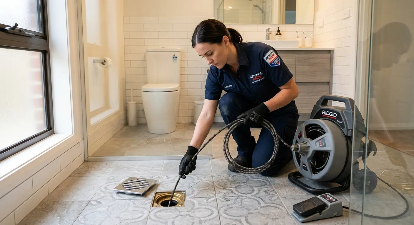 Technician clearing a bathroom floor drain for Sewer Line Replacement in Catalina